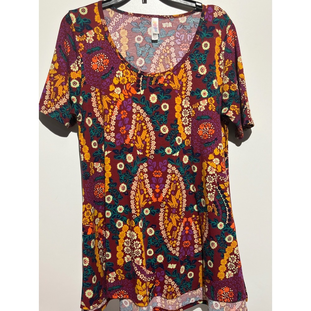 LuLaRoe Irma Tunic Dress Medium Burgundy Floral Paisley Short Sleeve High Low